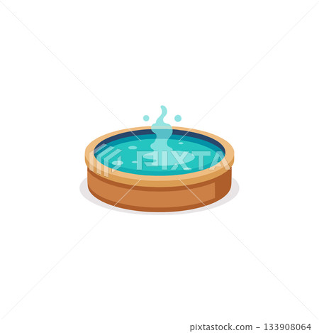Stylized bubbling water feature for relaxation, a circular container filled with refreshing liquid Stylized bubbling water feature for relaxation, a circular container filled with refreshing liquid 133908064