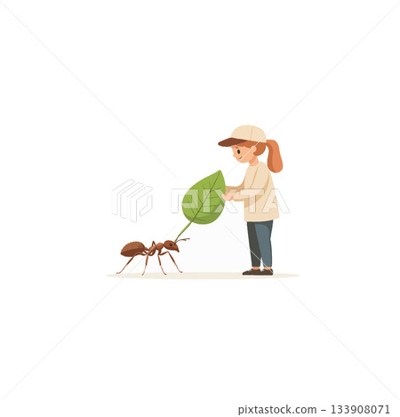 Ant meets girl in nature scene of assistance and environmental interactions illustration exploring 133908071