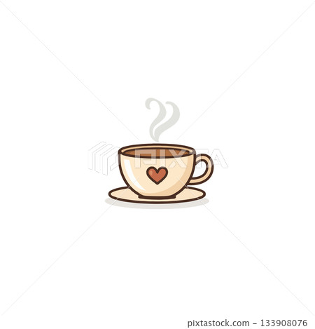 A steaming coffee cup vector art portraying warm beverage adorned with a heart symbol and subtle 133908076