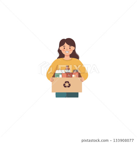 Young woman holding a recycling cardboard box with an ecological symbol, emphasizing sustainable Young woman holding a recycling cardboard box with an ecological symbol, emphasizing sustainable 133908077