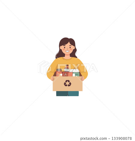 Young woman demonstrating eco conscious behavior by collecting materials for responsible recycling Young woman demonstrating eco conscious behavior by collecting materials for responsible recycling 133908078