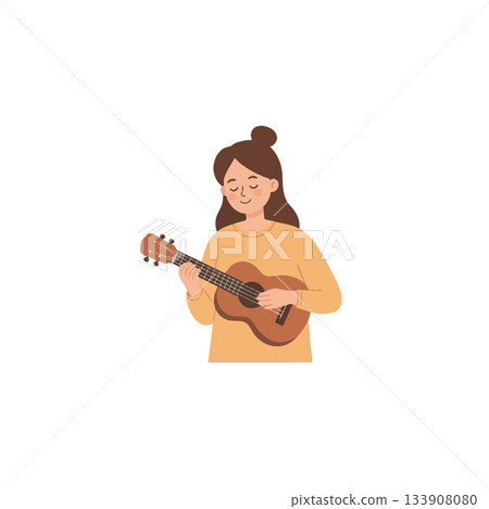 Serene girl playing ukulele instrument creates a joyful and relaxing musical atmosphere offering a 133908080