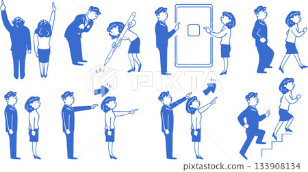 身穿藍色線條西裝的男士和女士——標誌性插圖集，可用於商業指導和視覺引導。 133908134