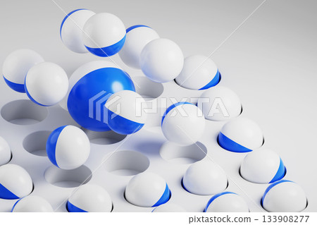 Abstract geometric 3d background with white and blue balls in round recesses, empty cells with flying spheres. Dynamic figures, geometry game. Futuristic technology minimalist pattern. 3D illustration Abstract geometric 3d background with white and blue balls in round recesses, empty cells with flying spheres. Dynamic figures, geometry game. Futuristic technology minimalist pattern. 3D illustration 133908277