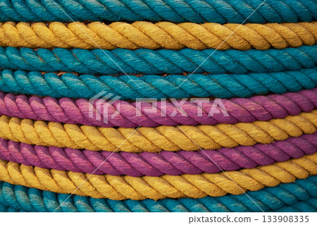 Ropes displaying vibrant blue, yellow, and purple striped pattern and textured surface Ropes displaying vibrant blue, yellow, and purple striped pattern and textured surface 133908335