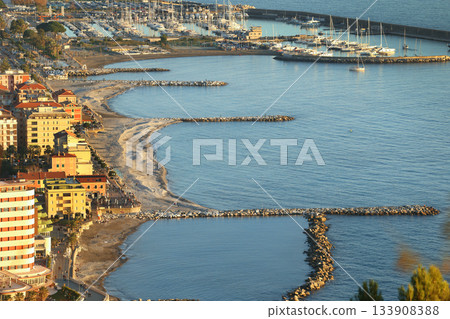 Resort town by sea. Tourism, marina, yachts and recreation, Chiavari, Italy. View from mountain on sunny day. 133908388
