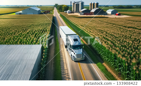 The suns morning rays cast a warm glow over lush fields, where an electric truck cruises smoothly along the open road, symbolizing a new era of sustainable agriculture and transport. 133908422