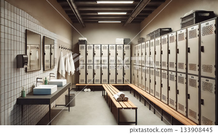 Brightly lit gym locker room with minimalist design features light-colored metal lockers, plain wooden benches, light tile flooring, and white walls. Neat and practical, with mirrors, sinks, and open 133908445