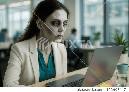 Exhausted Office Worker With Zombie Makeup Staring At Laptop Screen In Corporate Workspace 133908447