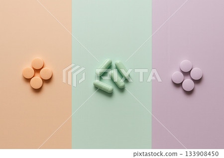 Colorful Assortment Of Pills And Capsules On Pastel Striped Background For Healthcare Concept 133908450