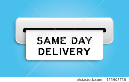White coupon banner with word same day delivery from machine on blue color background 133908736