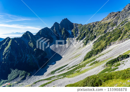 View of Maehotakadake and Karasawa Cirque from the southern ridge of Mt. Kitahotakadake. Climbing Mt. Kitahotakadake in the Northern Alps. View of Maehotakadake and Karasawa Cirque from the southern ridge of Mt. Kitahotakadake. Climbing Mt. Kitahotakadake in the Northern Alps. 133908878