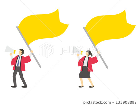 一群身穿紅色法被、手持黃色旗幟和擴音器的男女店員 133908892