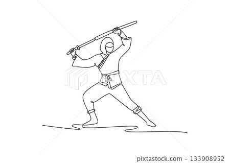 Continuous one line drawing man ninja in mask poised in wide combat stance, wielding staff overhead, illustrating dynamic combat and focused action. Single line draw design vector graphic illustration Continuous one line drawing man ninja in mask poised in wide combat stance, wielding staff overhead, illustrating dynamic combat and focused action. Single line draw design vector graphic illustration 133908952