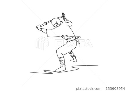 Continuous one line drawing man ninja in mask, crouched low, preparing a powerful overhead strike with a katana sword, illustrating dynamic action. Single line draw design vector graphic illustration Continuous one line drawing man ninja in mask, crouched low, preparing a powerful overhead strike with a katana sword, illustrating dynamic action. Single line draw design vector graphic illustration 133908954