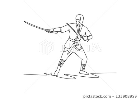 Single continuous line drawing man ninja poised in wide stance, wielding twin katanas in defensive guard, illustrating dynamic combat, focused action. One line draw graphic design vector illustration Single continuous line drawing man ninja poised in wide stance, wielding twin katanas in defensive guard, illustrating dynamic combat, focused action. One line draw graphic design vector illustration 133908959