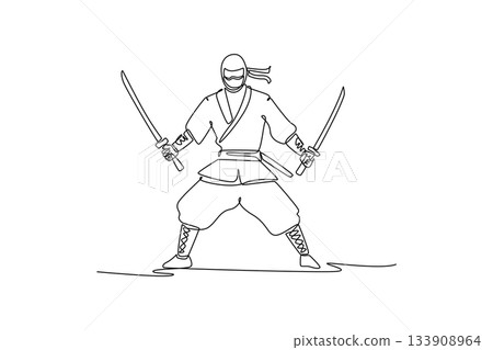 Single continuous line drawing strong man ninja poised in a wide stance, wielding twin katanas, illustrating dynamic combat and focused action. Dynamic one line draw graphic design vector illustration Single continuous line drawing strong man ninja poised in a wide stance, wielding twin katanas, illustrating dynamic combat and focused action. Dynamic one line draw graphic design vector illustration 133908964
