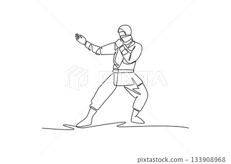 Single one line drawing man ninja or assassin poised in wide combat stance with arms extended in a defensive guard, illustrating focused action. Continuous line draw design graphic vector illustration 133908968