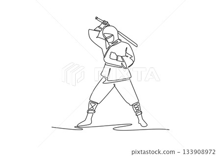 Single one line drawing man ninja poised in wide combat stance, drawing a katana sword for a dynamic strike, illustrating focused action. Modern continuous line draw design graphic vector illustration 133908972
