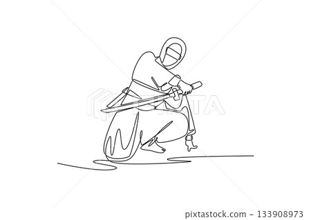 Single one line drawing active man ninja poised low in crouching stance, drawing a katana sword, illustrating stealth and focused action. Modern continuous line draw design graphic vector illustration 133908973
