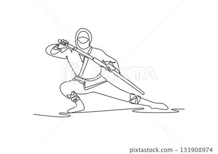 Continuous one line drawing man ninja in mask posed in deep bow stance, holding staff horizontally in ready guard, illustrating stealth and focused. Single line draw design vector graphic illustration 133908974