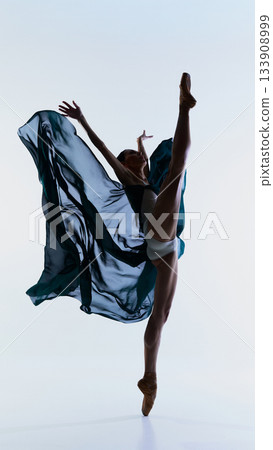 Graceful ballerina leap with flowing fabric in dramatic high kick pose. Graceful ballerina leap with flowing fabric in dramatic high kick pose. 133908999