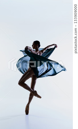 Ballerina spinning pose with flowing translucent fabric creating elegant circular motion Ballerina spinning pose with flowing translucent fabric creating elegant circular motion 133909000
