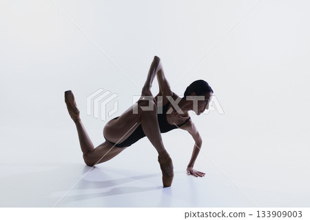 Ballerina in low dynamic stretch pose with forward focus. Ballerina in low dynamic stretch pose with forward focus. 133909003