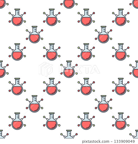 Round Flask and molecular formula vector Education colored seamless pattern 133909049
