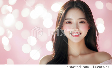 Beauty image of a smiling female model with glowing skin on a pink background 133909234