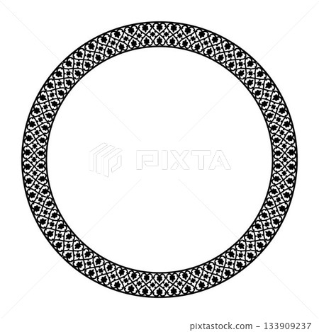 Black circular frame with an ornate, repeating pattern of hearts and quatrefoils. This decorative border has a classic and elegant aesthetic against a white background. 133909237
