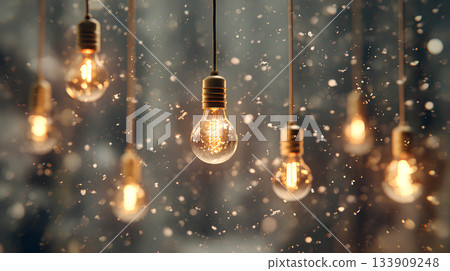 飄落的雪花和老式燈泡的光芒 133909248