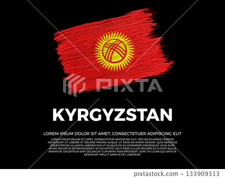 Flag of Kyrgyzstan. Kyrgyz and Asian Culture. Vibrant, textured brushstroke effect style. Black background with copy space. Dramatic composition in negative space. Flag of Kyrgyzstan. Kyrgyz and Asian Culture. Vibrant, textured brushstroke effect style. Black background with copy space. Dramatic composition in negative space. 133909313