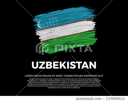Flag of Uzbekistan. Uzbek and Asian Culture. Vibrant, textured brushstroke effect style. Black background with copy space. Dramatic composition in negative space. 133909322