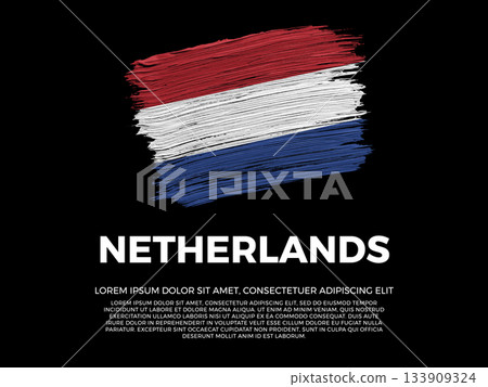 Flag of Netherlands. Dutch and European Culture. Vibrant, textured brushstroke effect style. Black background with copy space. Dramatic composition in negative space. 133909324