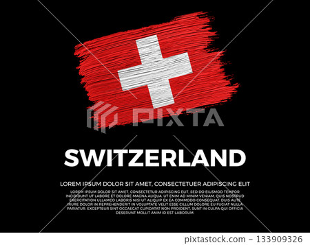 Flag of Switzerland. Swiss and European Culture. Vibrant, textured brushstroke effect style. Black background with copy space. Dramatic composition in negative space. 133909326