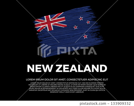 Flag of New Zealand. New Zealander and Austral Culture. Vibrant, textured brushstroke effect style. Black background with copy space. Dramatic composition in negative space. 133909332