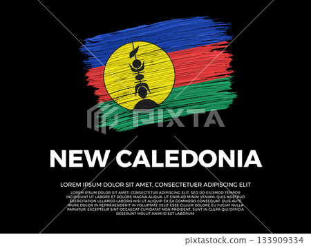 Flag of New Caledonia. New Caledonian and Austral Culture. Vibrant, textured brushstroke effect style. Black background with copy space. Dramatic composition in negative space. 133909334