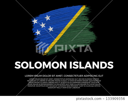 Flag of Solomon Islands. Solomonese and Polynesian Culture. Vibrant, textured brushstroke effect style. Black background with copy space. Dramatic composition in negative space. 133909356