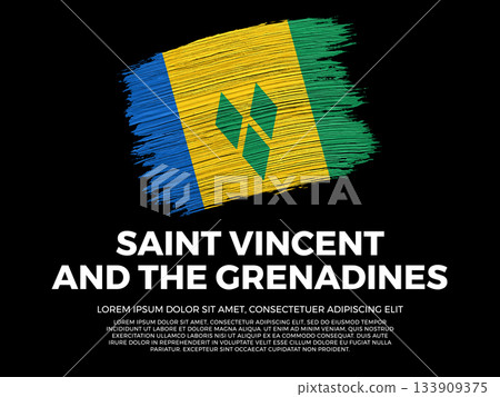 Flag of Saint Vincent and the Grenadines. Grenadinian and Caribbean Culture. Vibrant, textured brushstroke effect style. Black background with copy space. Dramatic composition in negative space. 133909375