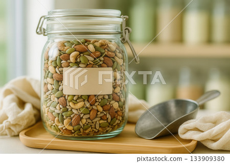 Glass Jar Of Mixed Nuts And Seeds On Wooden Tray In Bright Eco Kitchen 133909380