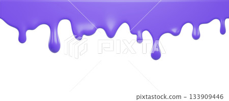 Violet ice cream melt with glossy drips and smooth texture for dessert designs or summer graphics. Liquid flows down in curved streams for advertisements on Transparent background. 3d render 133909446