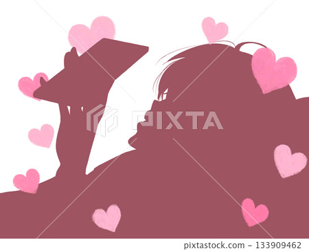 A man lying on his back looking at his smartphone, love, silhouette 133909462