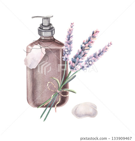 Dispenser bottle, blank label, lavender bouquet, foam. Hand-painted watercolor illustration, soap, cream, shampoo, conditioner vial isolated on white for cosmetics, skin, hair care product packaging 133909467
