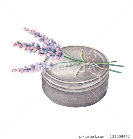 Metal screw-top tin for wax, balm, cream and solid perfume packaging, lavender bouquet. Hand-painted watercolor isolated on white for barbershop branding, cosmetic, product mockup, retro-style design 133909472