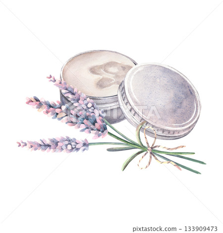 Opened metal screw-top tin for wax, balm, cream and solid perfume packaging, lavender bouquet. Hand-painted watercolor isolated on white for barbershop branding, cosmetic, product mockup, design 133909473