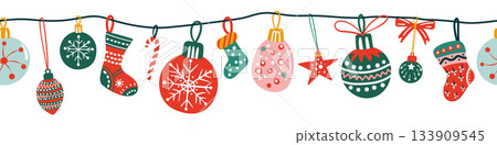 Seamless pattern border for Christmas and New Year festival with cute hanging ornaments in red and green color tones on a transparent background. Seamless pattern border for Christmas and New Year festival with cute hanging ornaments in red and green color tones on a transparent background. 133909545