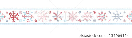 Seamless pattern border for Christmas and New Year festival with snowflakes stripe in pastel red and blue color tones on a transparent background. 133909554