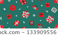 Seamless pattern for Christmas and New Year festival with cute various gifts and cute festive elements in red and white color tone on plain green background. 133909556