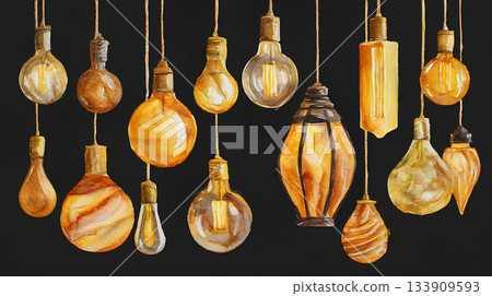 水彩插圖，描繪了各種形狀的懸掛燈泡 133909593